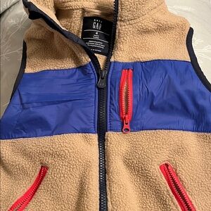 GAP Outfit- Tan and Blue Fleece Vest with Red Accents and black pants